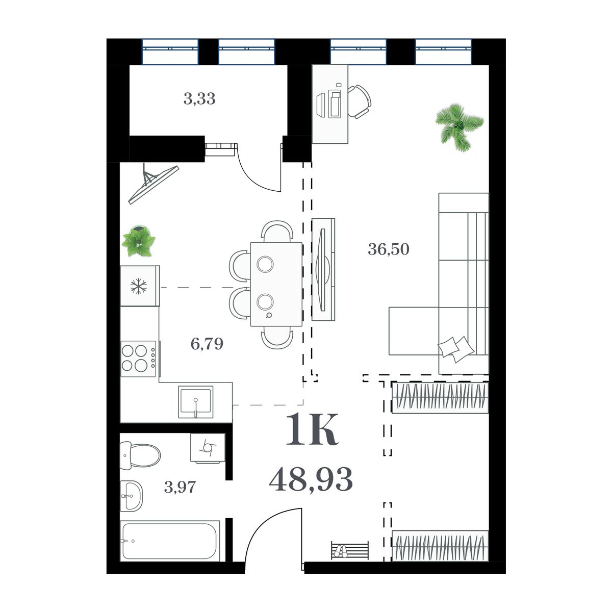 1-комн. квартира №189 в ЖК Амурский, 48,93 м2, дом №2. ID кв.- 47103126765