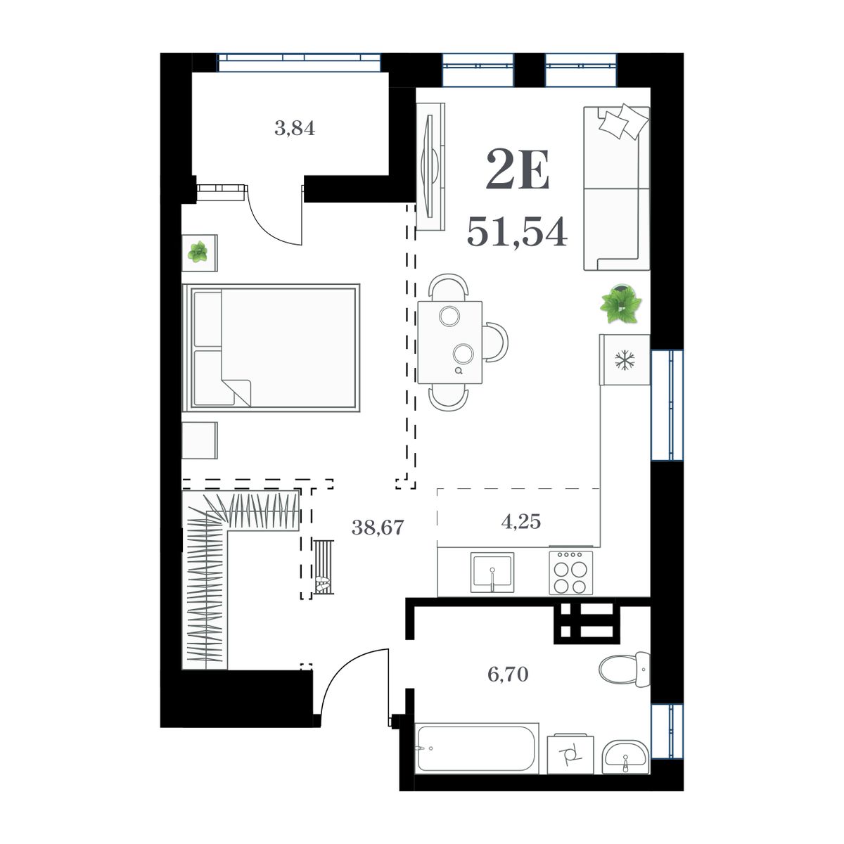 2-комн. квартира №282 в ЖК Амурский, 51,54 м2, дом №1. ID кв.- 47103126504