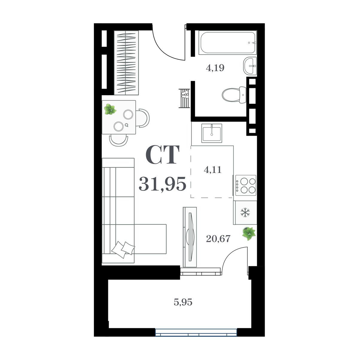 1-комн. квартира №232 в ЖК Амурский, 31,95 м2, дом №2. ID кв.- 47103126808