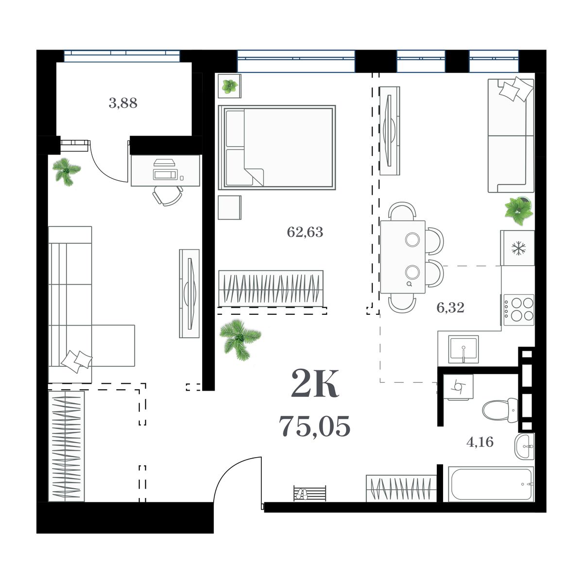 2-комн. квартира №211 в ЖК Амурский, 75,05 м2, дом №2. ID кв.- 47103126787