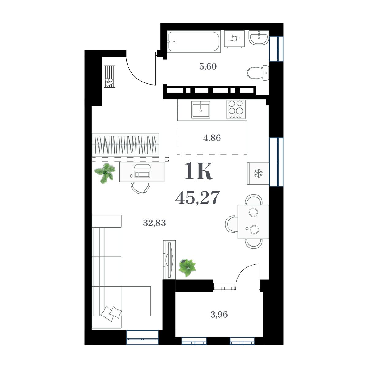 1-комн. квартира №325 в ЖК Амурский, 45,27 м2, дом №1. ID кв.- 47103126547