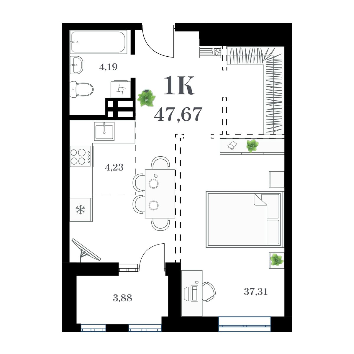 1-комн. квартира №215 в ЖК Амурский, 47,67 м2, дом №2. ID кв.- 47103126791