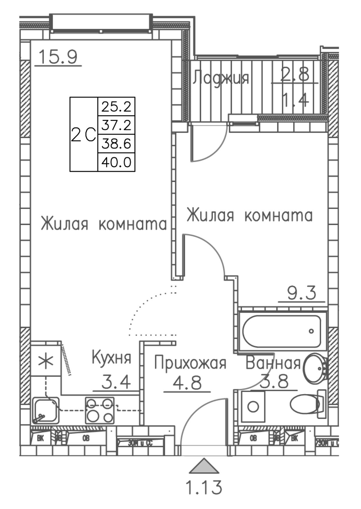 2-комн. квартира №197 в ЖК Гринхилс (Greenhills), 40,0 м2, дом №1. ID кв.-  1748143762472