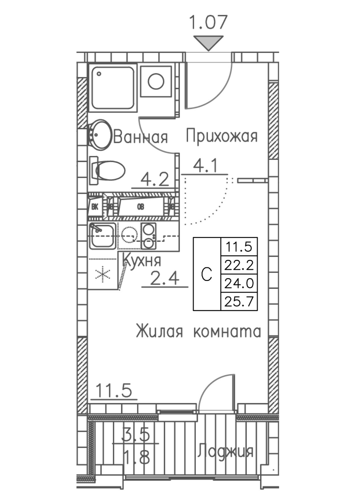 Студия №121 в ЖК Гринхилс (Greenhills), №121, 25,7 м2, дом №1. ID кв.-  1748143762396