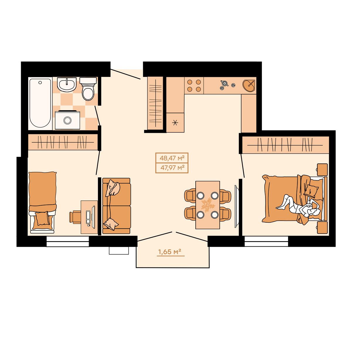 3-комн. квартира №56 в ЖК Клубный (Жилой квартал Suncity), 48,47 м2, дом  №2. ID кв.- 17153686921