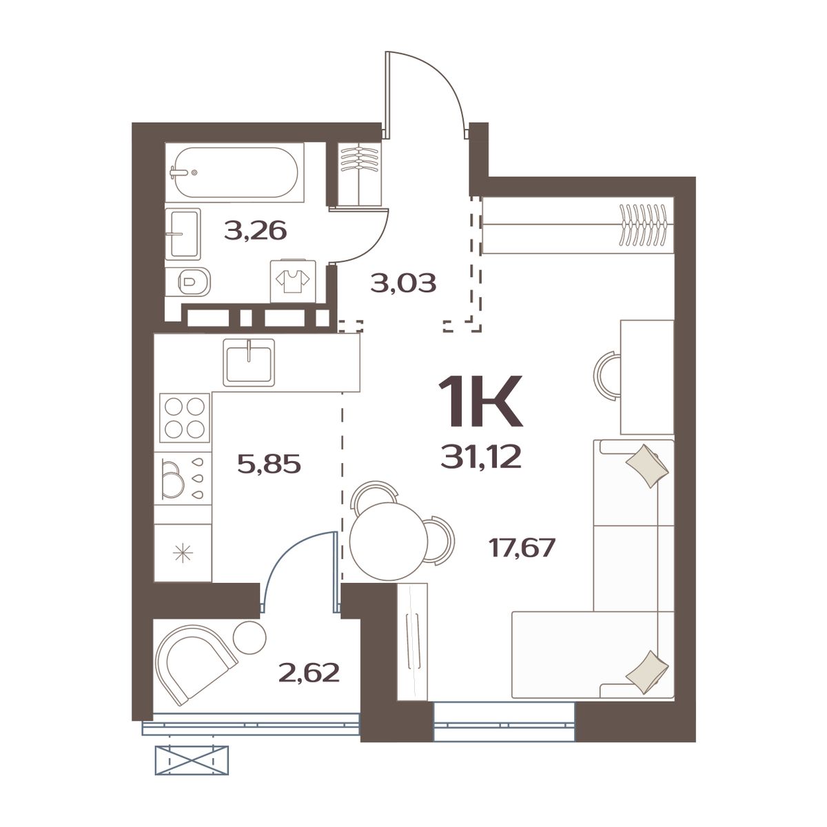 1-комн. квартира №46 в ЖК Меридианы Улисса, 31,12 м2, дом №4. ID кв.-  174684164089