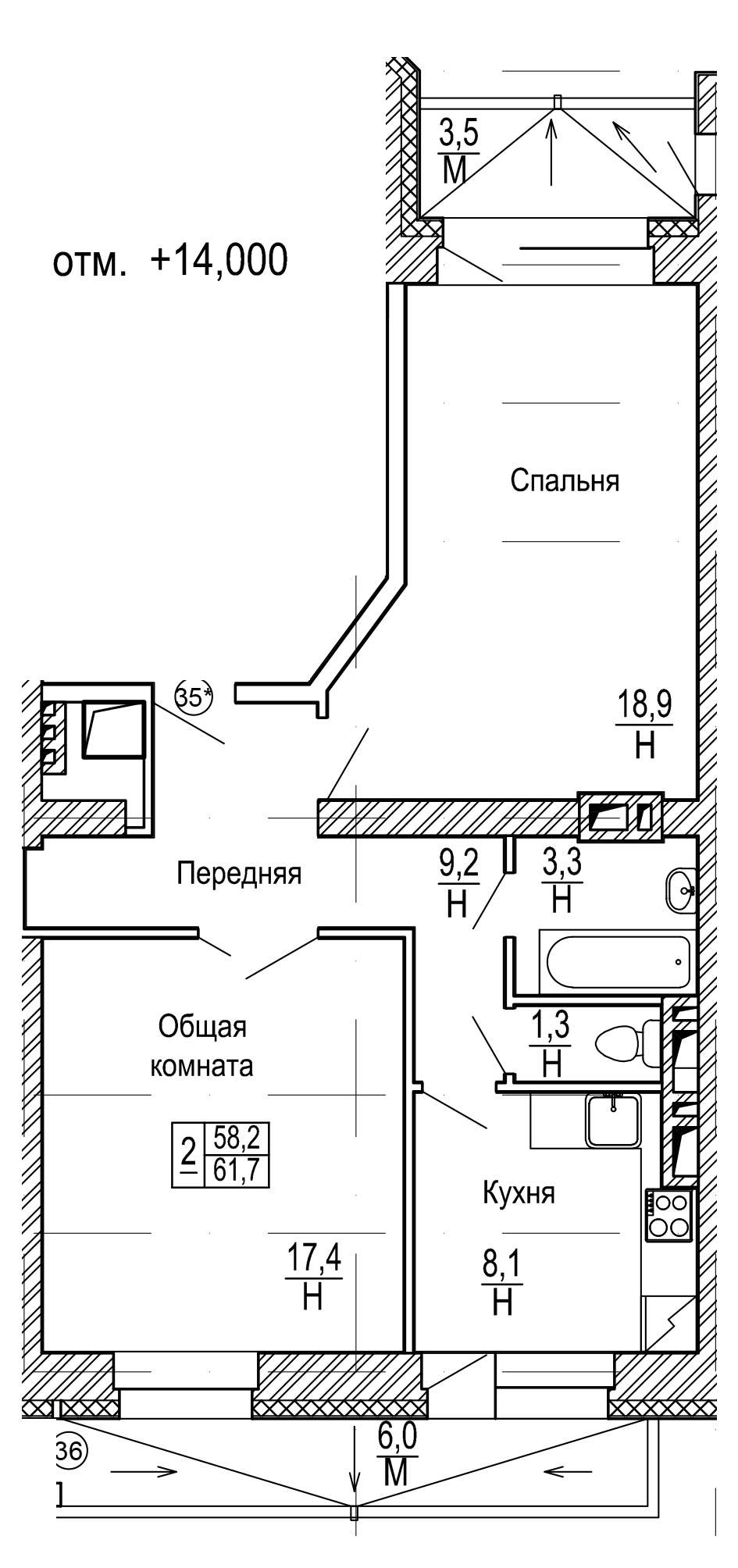 2-комн. квартира №117 в ЖК Нагорный, 67,7 м2, дом №6. ID кв.- 9753476