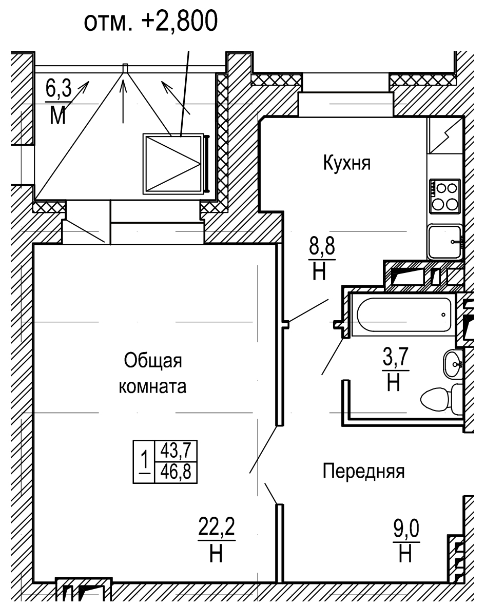 1-комн. квартира №53 в ЖК Нагорный, 50,0 м2, дом №6. ID кв.- 9753412