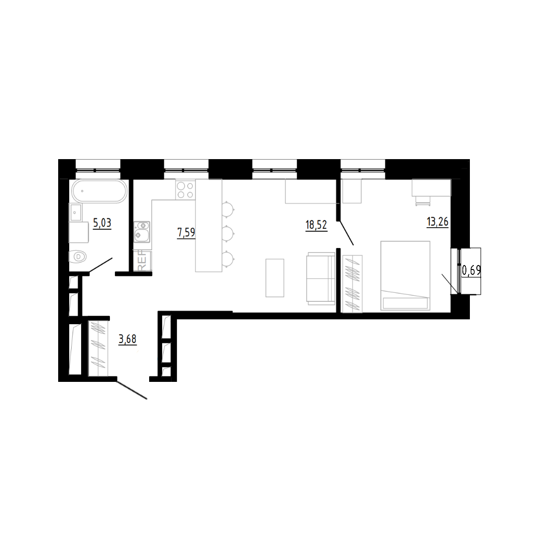 2-комн. квартира №2207 в ЖК Тихвинский, 48,56 м2, дом №21. ID кв.- 235939