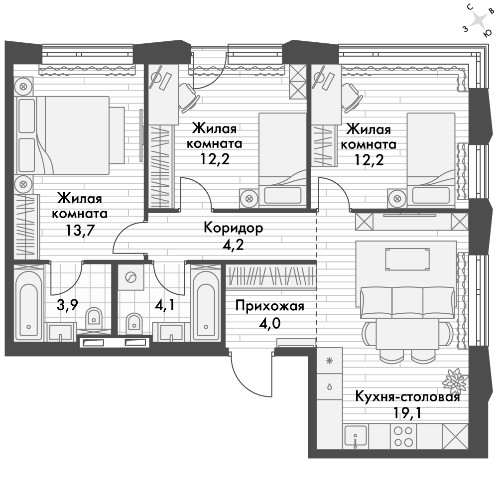 2-комн. квартира за 18 173 909 р в ЖК Философия, 61,4 м2, дом №10. ID кв.-  90071