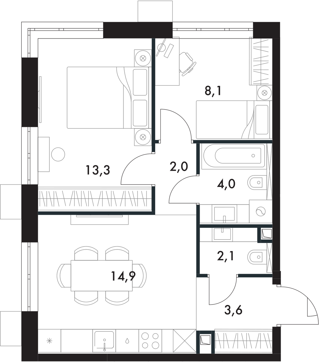 2-комн. квартира №1 в ЖК Флагман, 48,0 м2, дом №24. ID кв.- 5521131