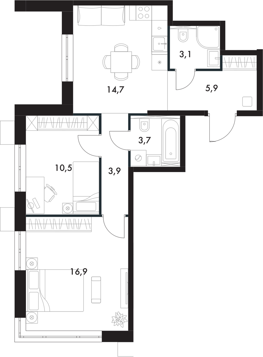 2-комн. квартира №12 в ЖК Флагман, 58,7 м2, дом №24. ID кв.- 55211912