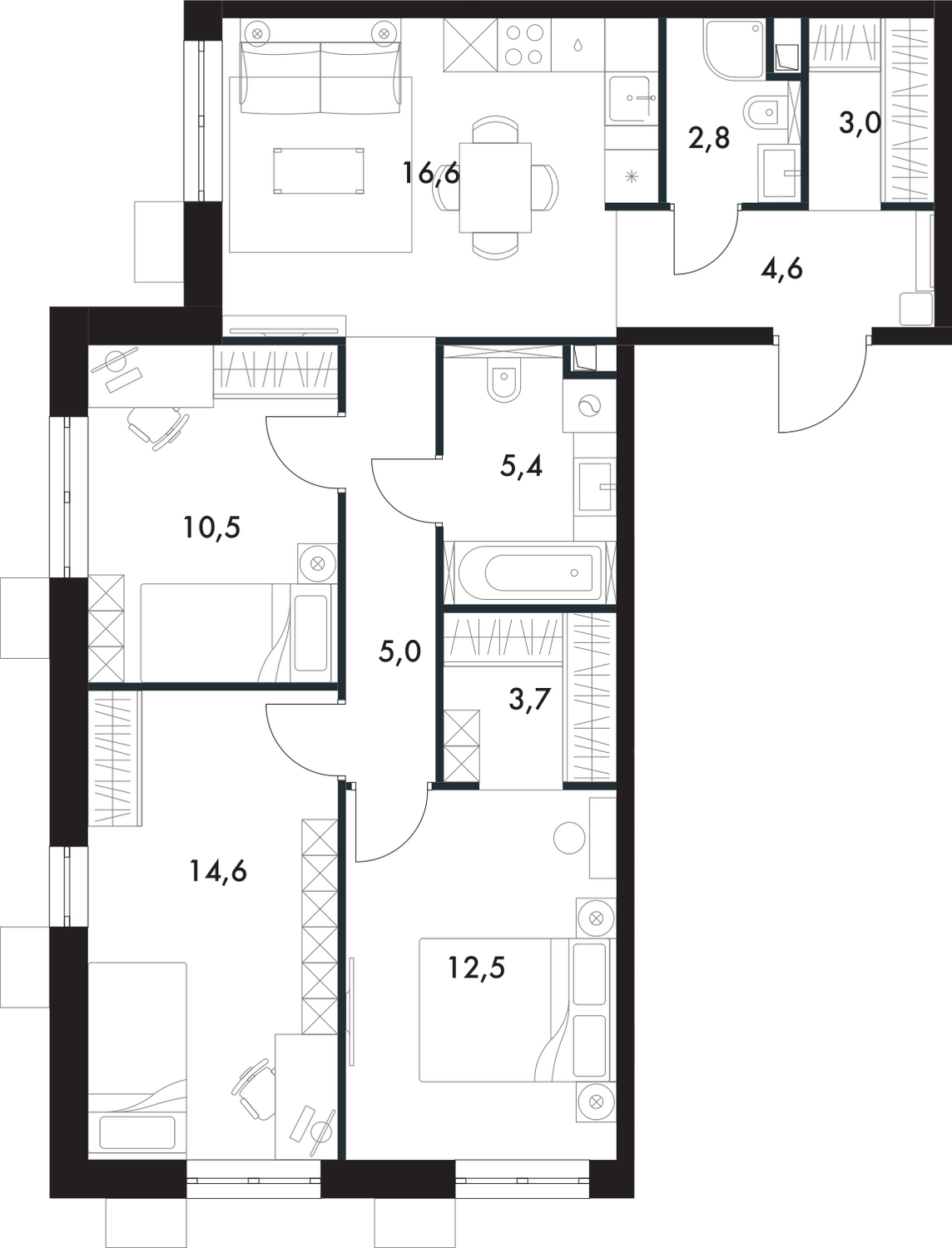 3-комн. квартира №12 в ЖК Флагман, 78,7 м2, дом №24. ID кв.- 55111512