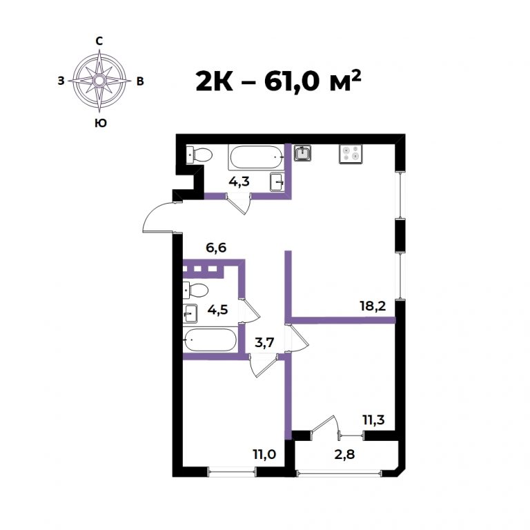 ЖК 7я (Семья), 3-комн кв 61,5 м2, за 13 349 805 ₽, 14 этаж