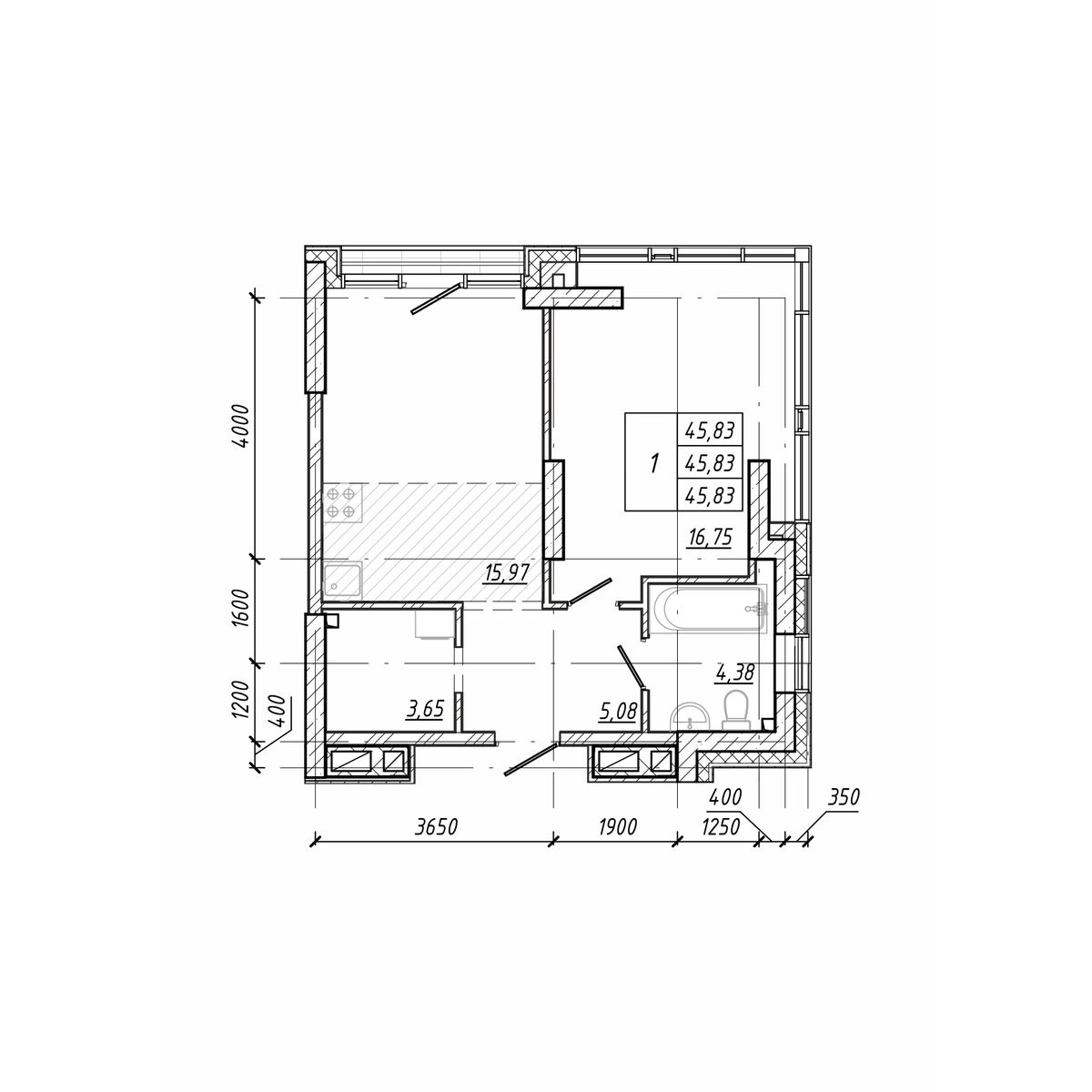 ЖК Старк (Stark), 1-комн кв 45,83 м2, за 11 090 860 ₽, 12 этаж