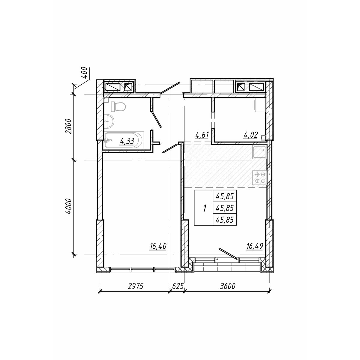 ЖК Старк (Stark), 1-комн кв 45,85 м2, за 11 004 000 ₽, 3 этаж