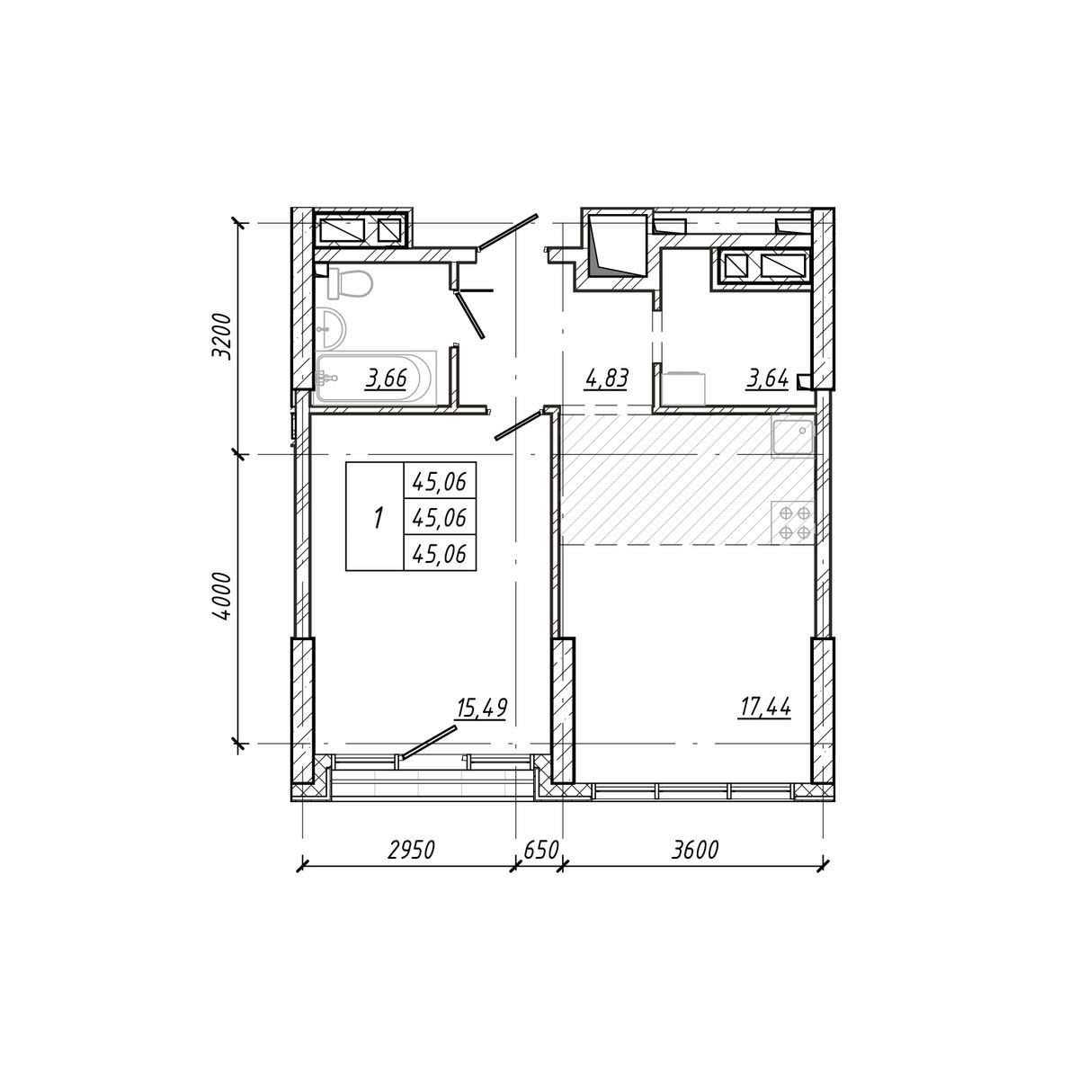 ЖК Старк (Stark), 1-комн кв 45,06 м2, за 11 454 252 ₽, 6 этаж