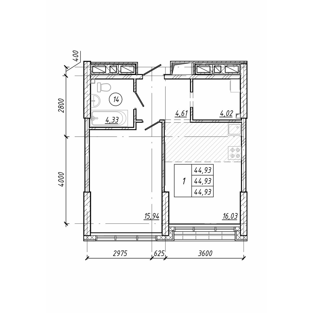 ЖК Старк (Stark), 1-комн кв 44,93 м2, за 12 400 680 ₽, 15 этаж