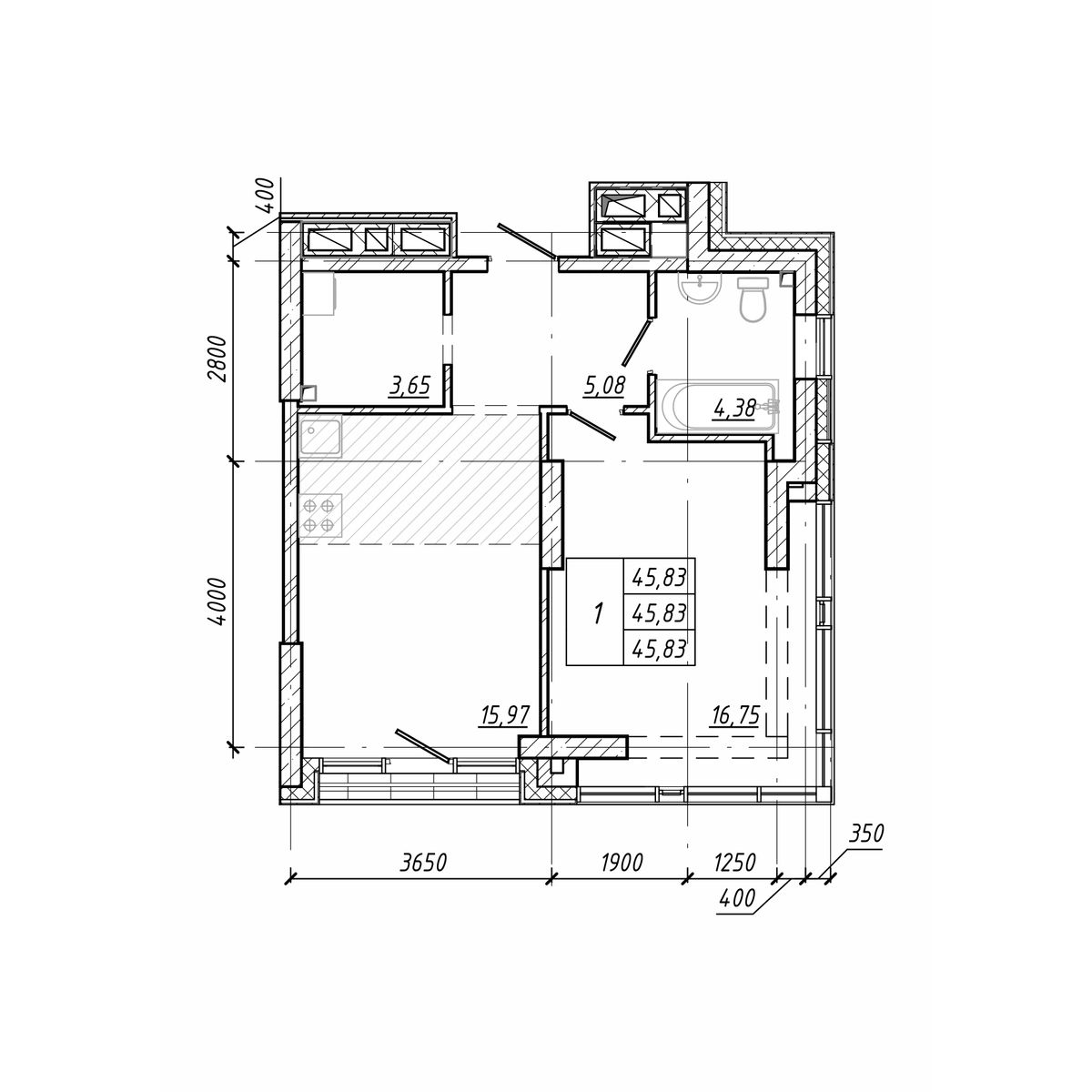 ЖК Старк (Stark), 1-комн кв 45,83 м2, за 12 832 400 ₽, 16 этаж