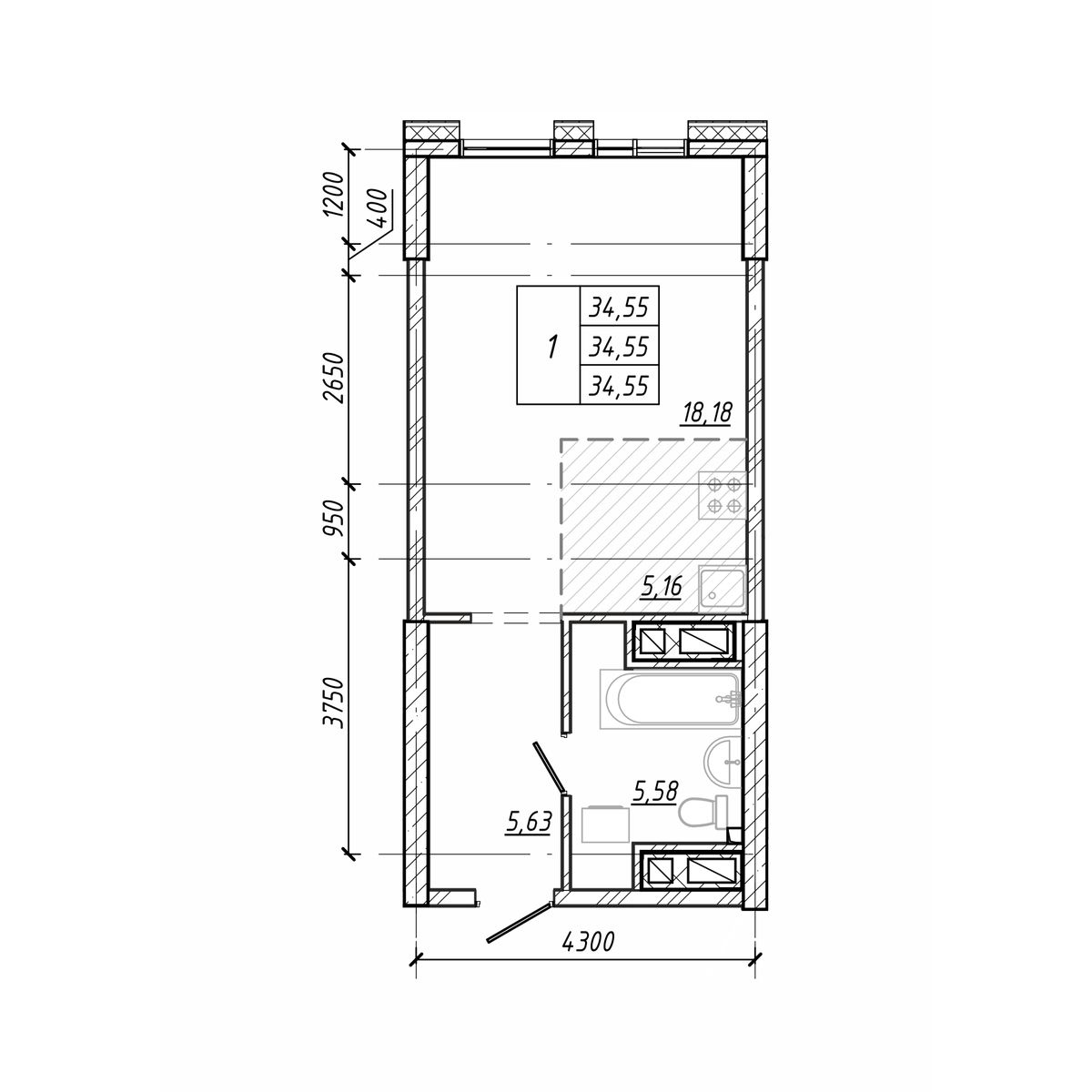 ЖК Старк (Stark), 1-комн кв 34,55 м2, за 9 777 650 ₽, 14 этаж