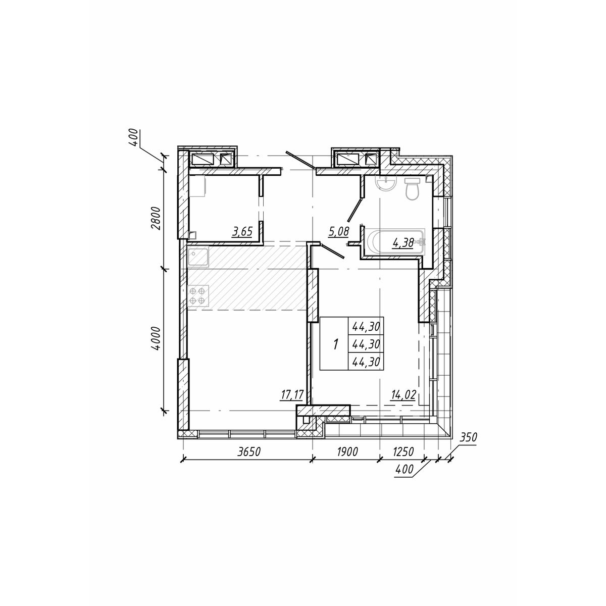 ЖК Старк (Stark), 1-комн кв 44,3 м2, за 10 676 300 ₽, 3 этаж