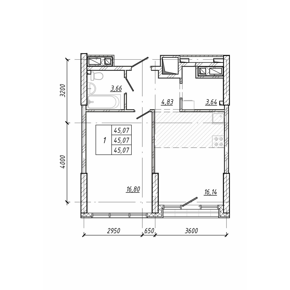 ЖК Старк (Stark), 1-комн кв 45,07 м2, за 10 375 114 ₽, 3 этаж