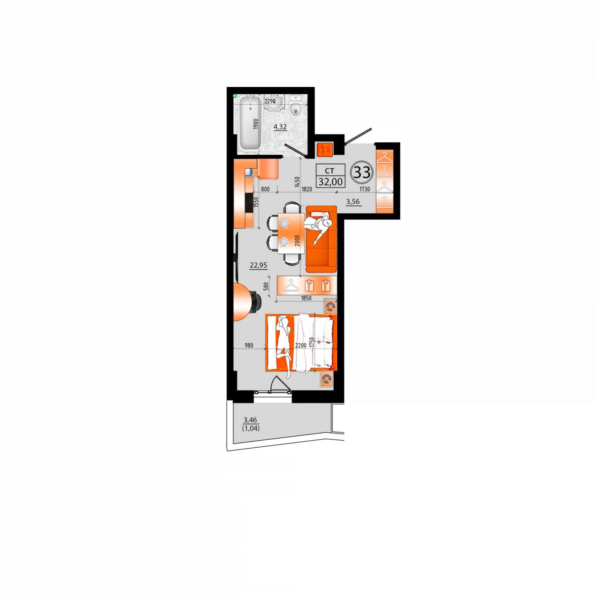 Доступные планировки в ЖК Санрайс (Sunrise), 32,0 м2