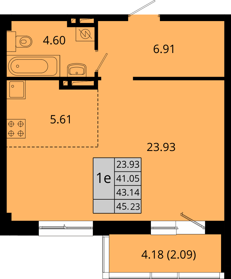 ЖК Акватория, 1-комн кв 45,23 м2, за 6 802 592 ₽, 2 этаж