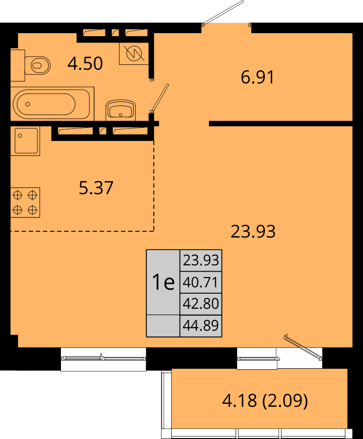 ЖК Акватория, 1-комн кв 44,89 м2, за 7 984 719 ₽, 13 этаж