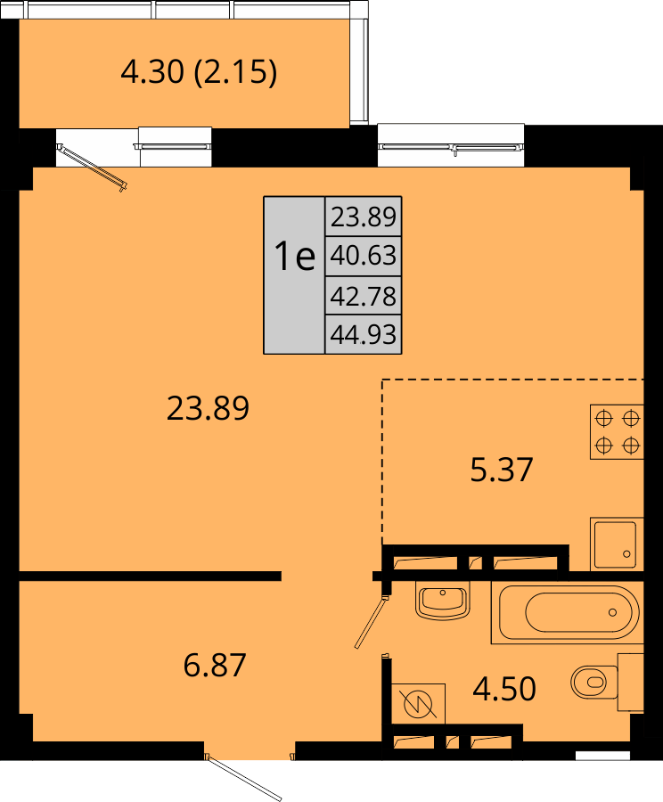 ЖК Акватория, 1-комн кв 44,93 м2, за 7 365 600 ₽, 23 этаж