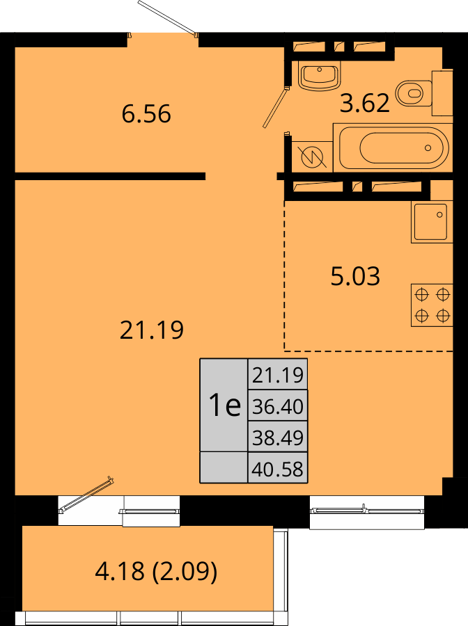 ЖК Акватория, 1-комн кв 40,58 м2, за 6 440 493 ₽, 21 этаж