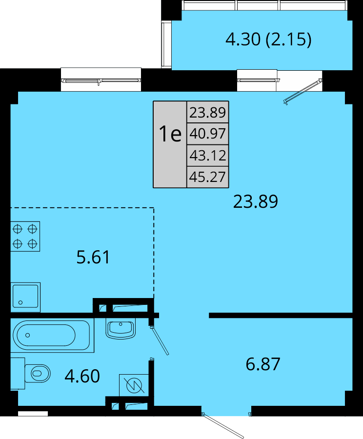 ЖК Акватория, 1-комн кв 45,27 м2, за 8 301 296 ₽, 3 этаж