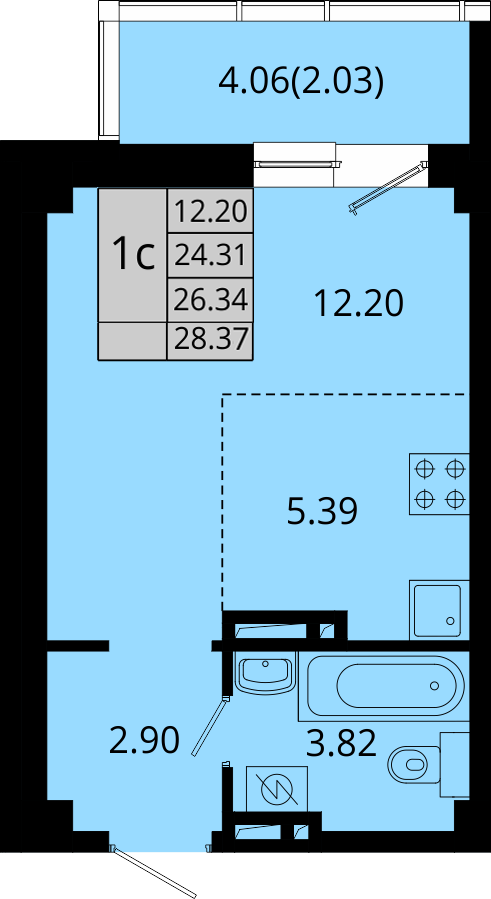 ЖК Акватория, 1-комн кв 28,37 м2, за 5 220 080 ₽, 3 этаж