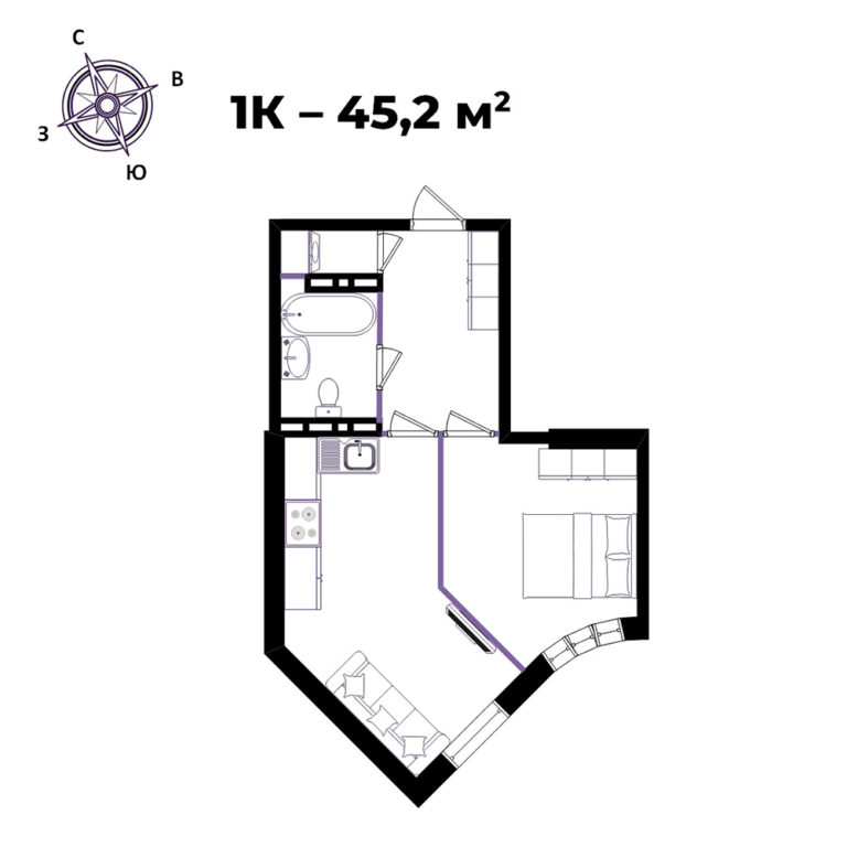 ЖК Бриннер / Brynner, 1-комн кв 45,2 м2, за 7 277 200 ₽, 13 этаж