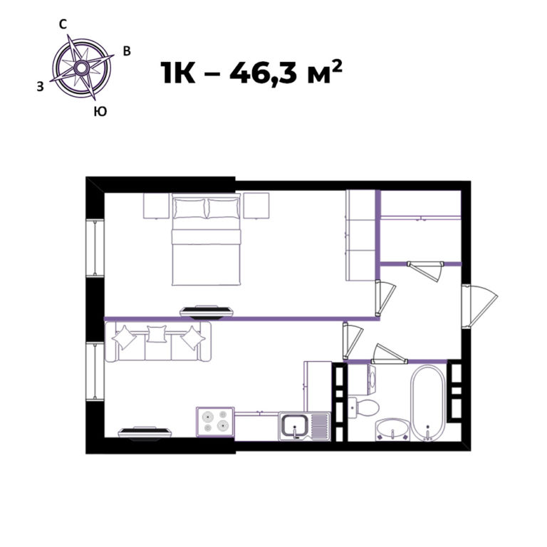 ЖК Бриннер / Brynner, 1-комн кв 47,2 м2, за 7 316 000 ₽, 2 этаж