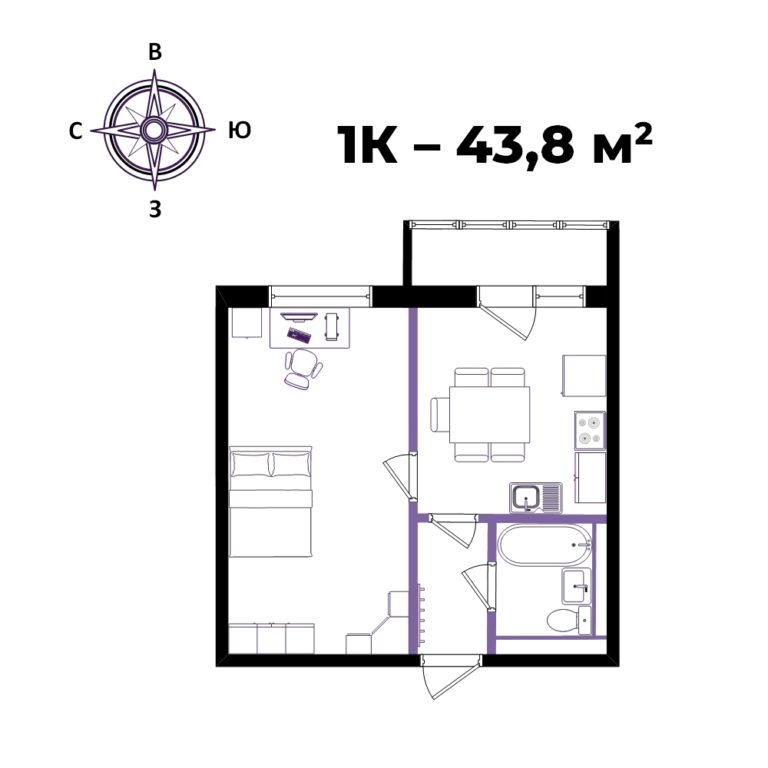 ЖК Взлёт, 1-комн кв 43,8 м2, за 4 857 980 ₽, 1 этаж