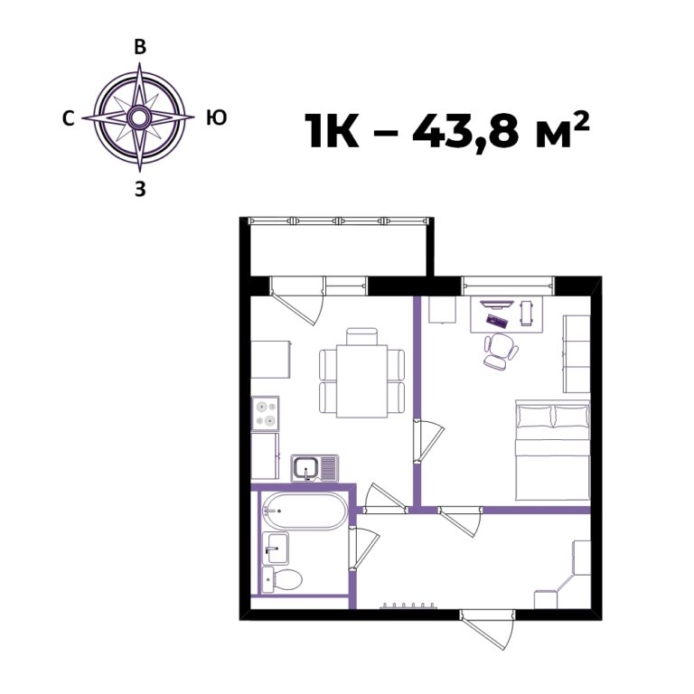 ЖК Взлёт, 2-комн кв 43,8 м2, за 4 857 980 ₽, 1 этаж