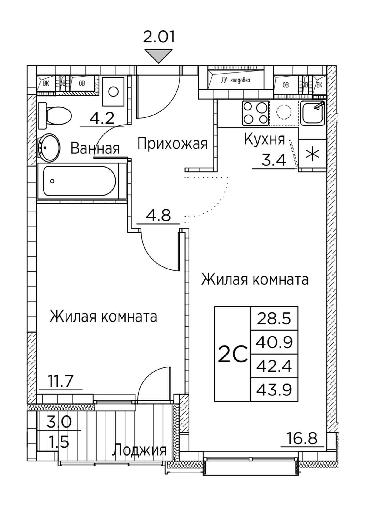 ЖК Гринхилс (Greenhills), 2-комн кв 43,9 м2, за 7 462 674 ₽, 7 этаж