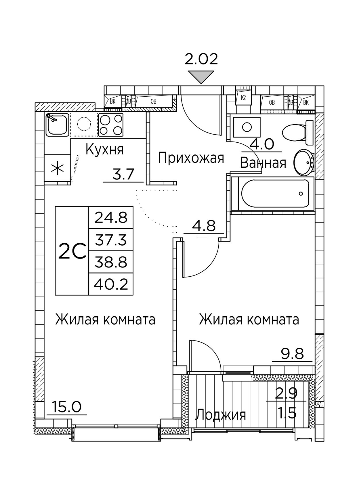 ЖК Гринхилс (Greenhills), 2-комн кв 40,2 м2, за 6 833 702 ₽, 7 этаж