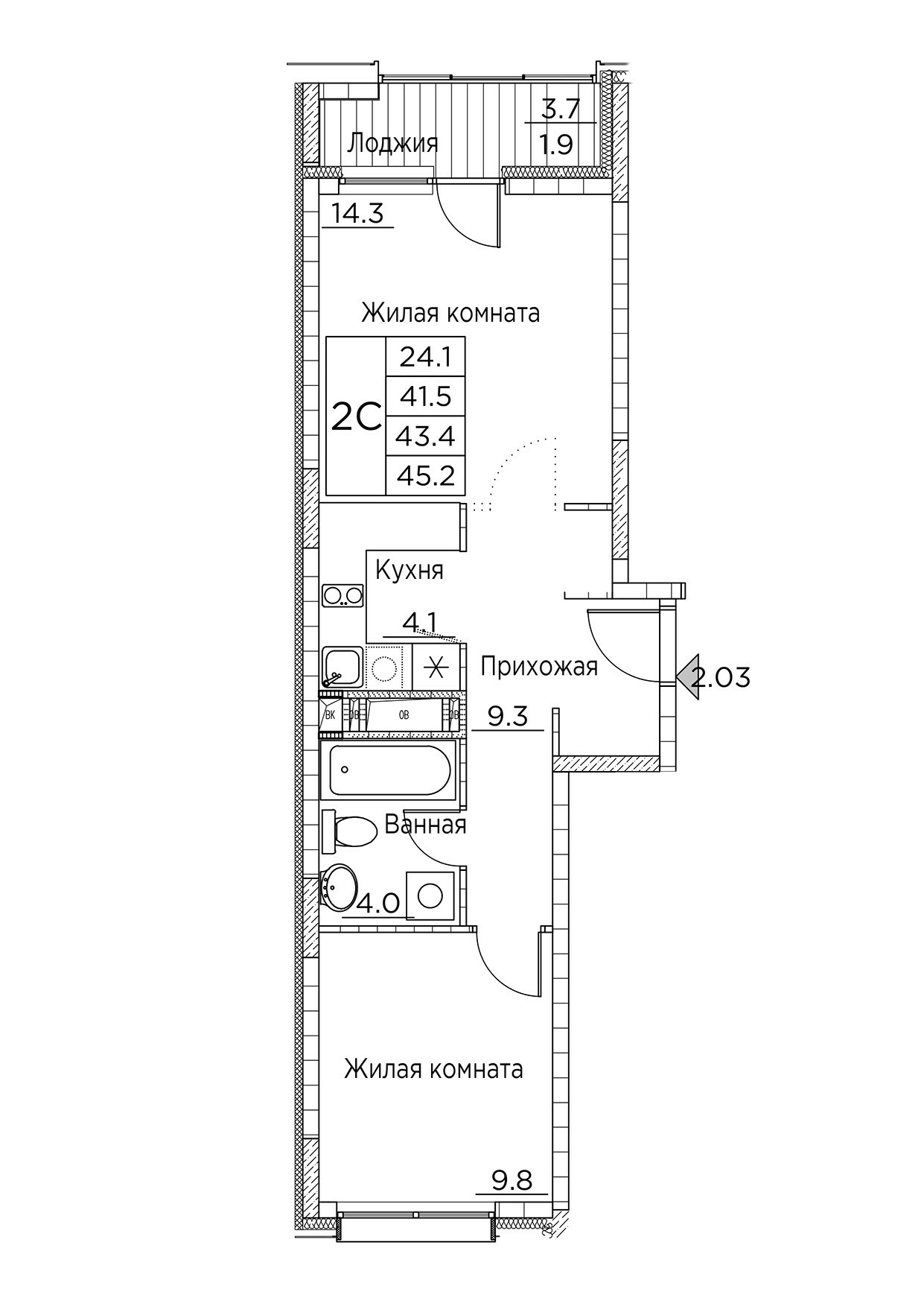 ЖК Гринхилс (Greenhills), 2-комн кв 45,2 м2, за 7 683 665 ₽, 7 этаж