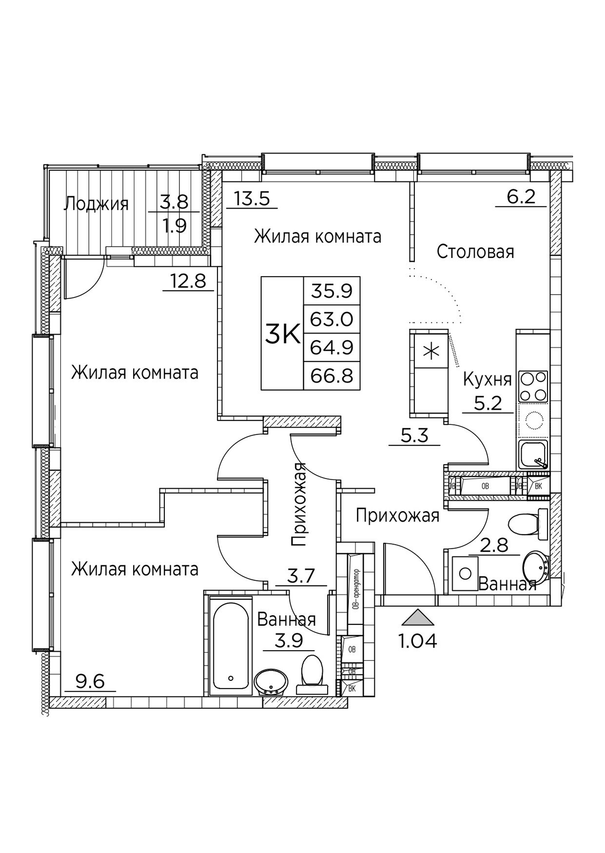 ЖК Гринхилс (Greenhills), 3-комн кв 66,8 м2, за 12 466 028 ₽, 20 этаж