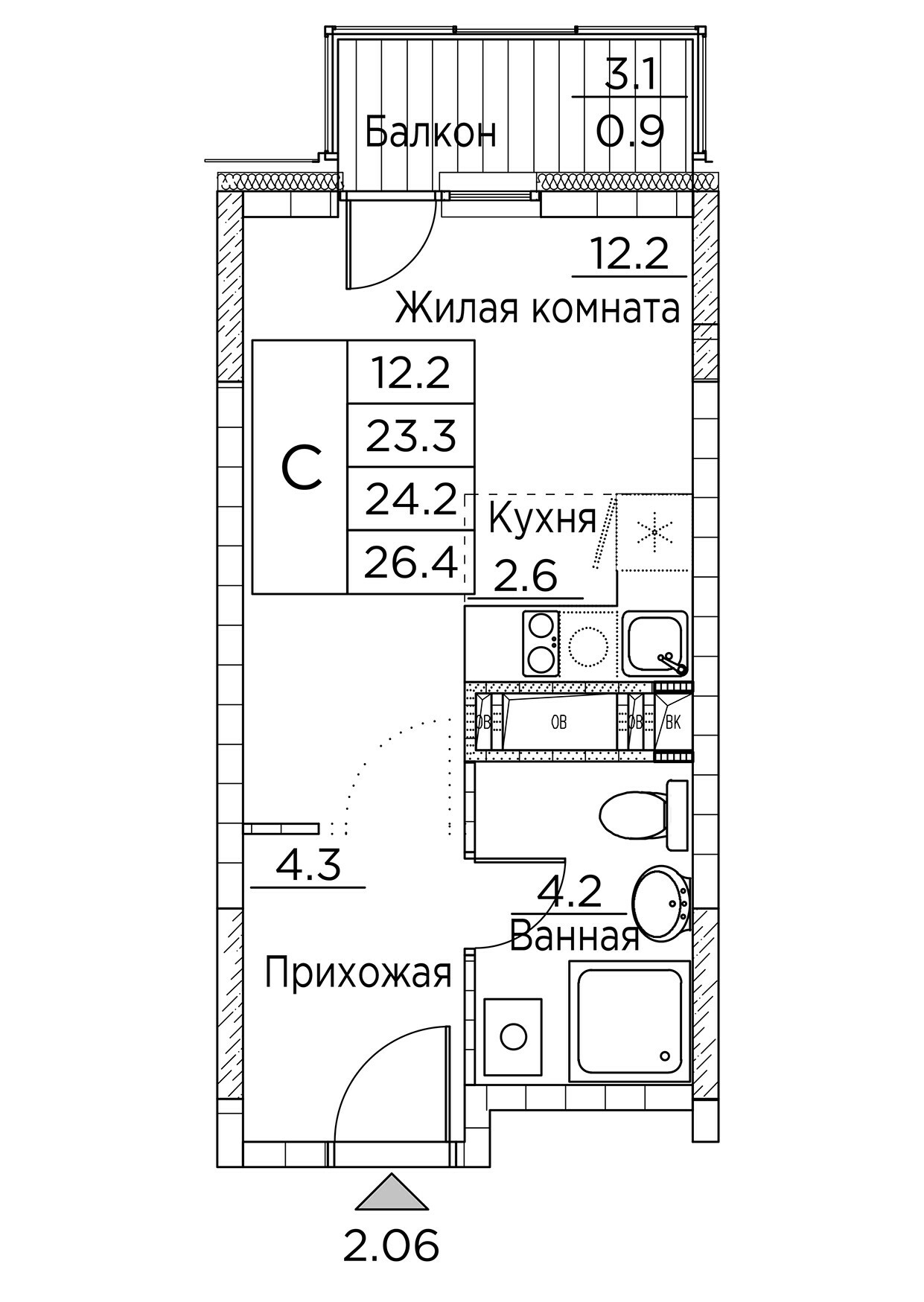 ЖК Гринхилс (Greenhills), Студия 26,4 м2, за 6 138 210 ₽, 18 этаж