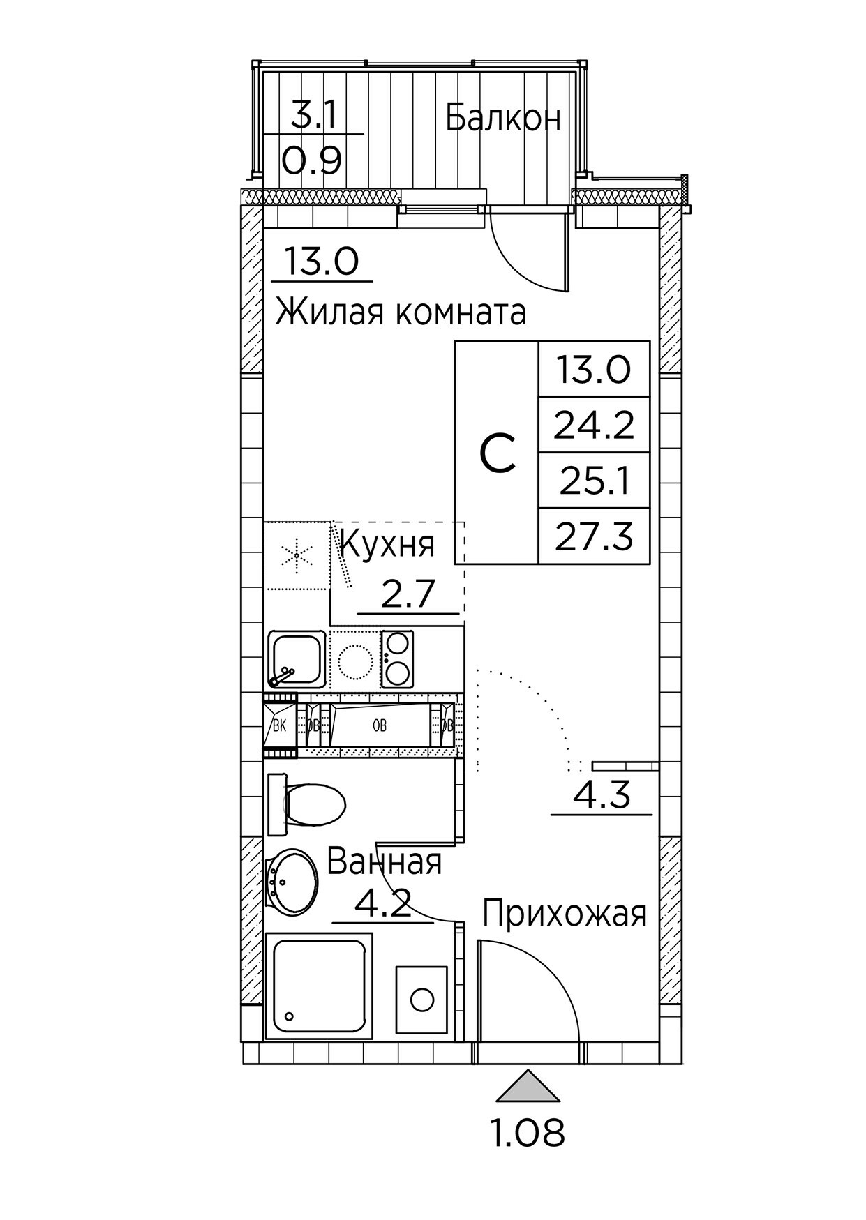 ЖК Гринхилс (Greenhills), Студия 27,3 м2, за 5 868 911 ₽, 20 этаж