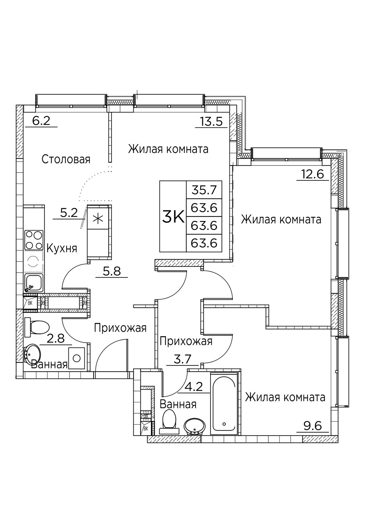 ЖК Гринхилс (Greenhills), 3-комн кв 63,6 м2, за 11 271 661 ₽, 2 этаж