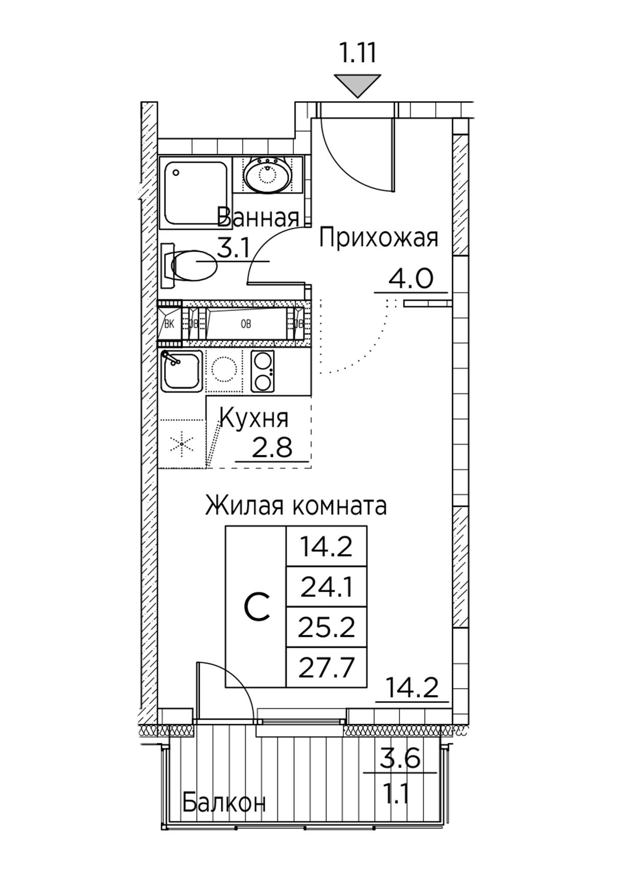 ЖК Гринхилс (Greenhills), Студия 27,7 м2, за 6 107 019 ₽, 17 этаж