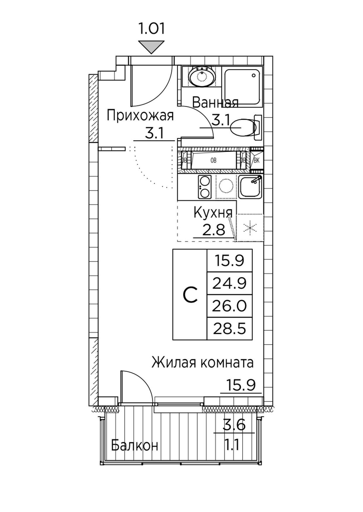 ЖК Гринхилс (Greenhills), Студия 28,5 м2, за 6 132 529 ₽, 19 этаж