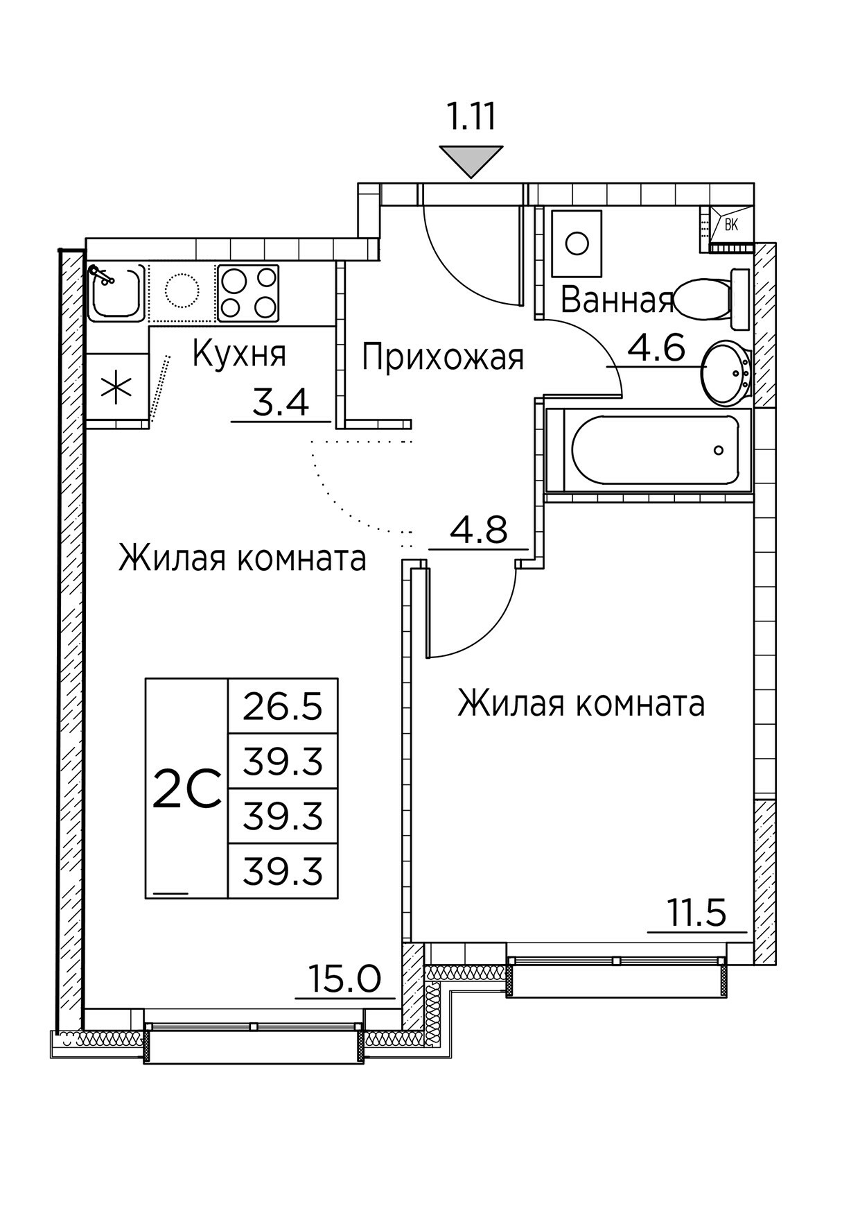 ЖК Гринхилс (Greenhills), 2-комн кв 39,3 м2, за 6 500 255 ₽, 2 этаж