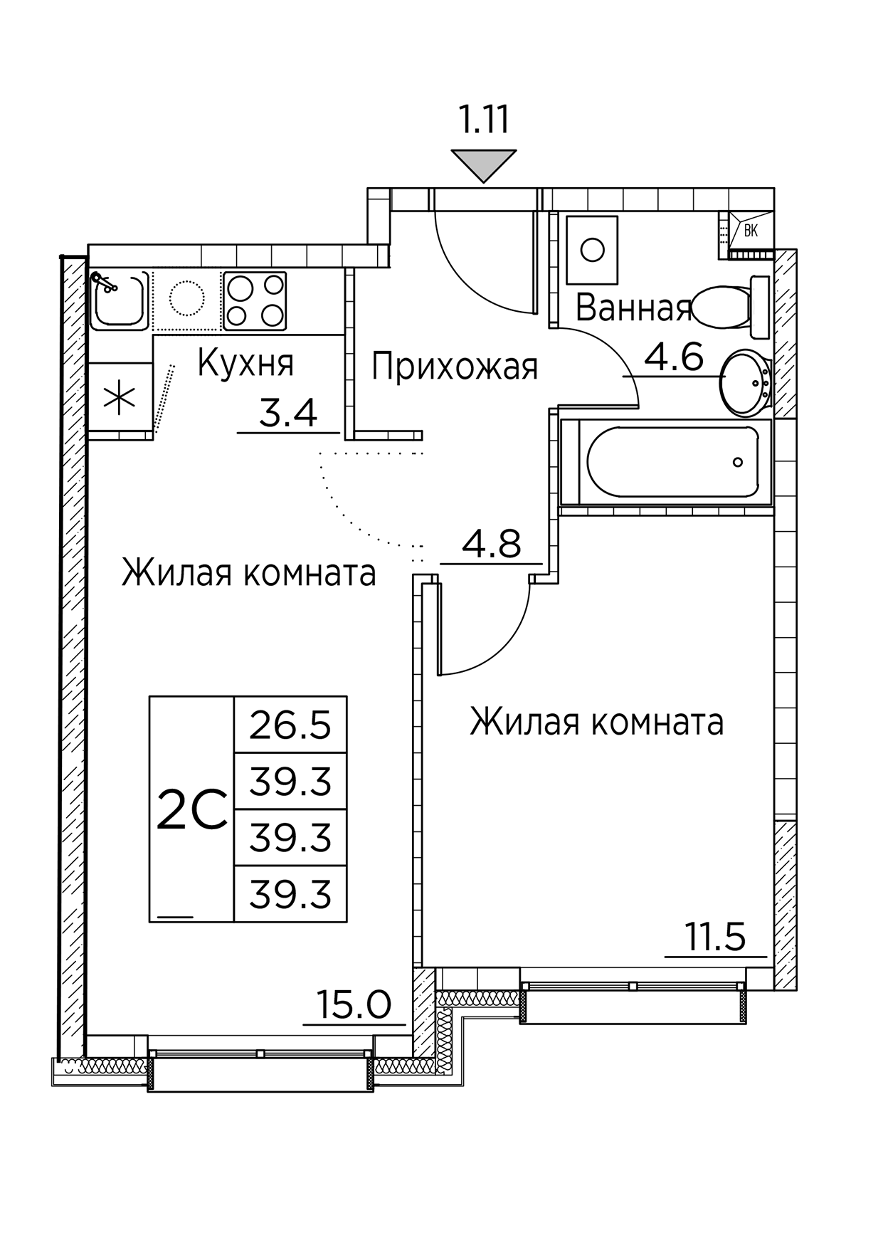 ЖК Гринхилс (Greenhills), 2-комн кв 39,3 м2, за 6 500 255 ₽, 2 этаж