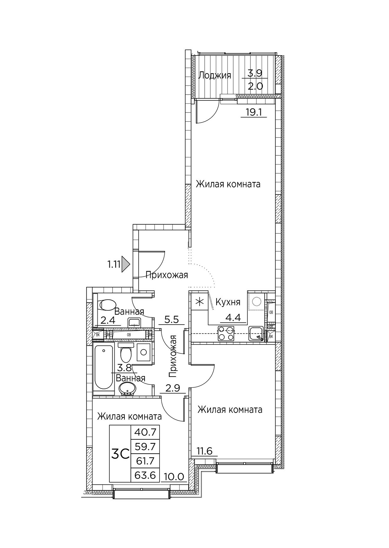 ЖК Гринхилс (Greenhills), 3-комн кв 63,6 м2, за 10 641 148 ₽, 4 этаж