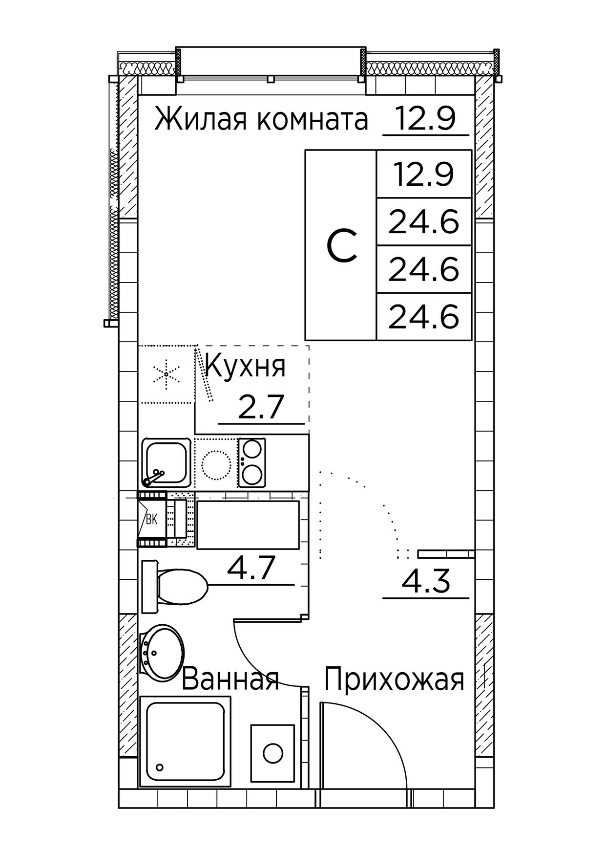 ЖК Гринхилс (Greenhills), Студия 24,6 м2, за 4 477 422 ₽, 1 этаж